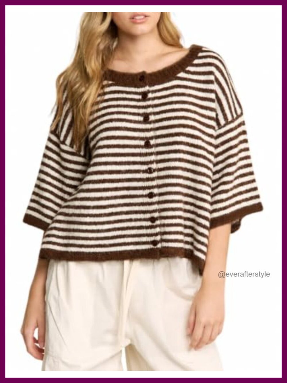 Women's Striped 3/4 Sleeve Button Knit Cardigan Sweater